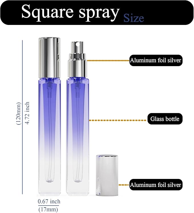 10ml 6Pack Refillable Perfume Travel Bottle,Mini Glass Spray Bottles, Fine Mist Portable Travel Perfume Atomizers (Blue+silvery cap)