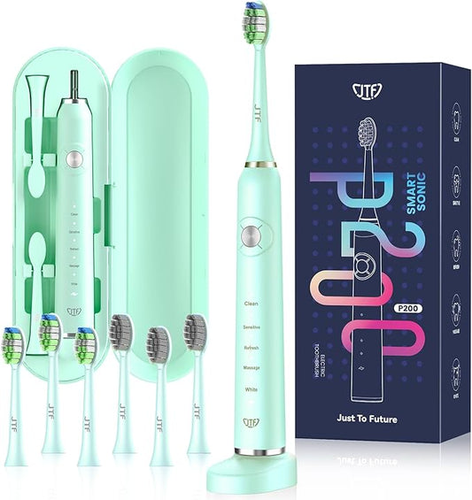 JTF Sonic Electric Toothbrush for Adults: 5 Modes with Smart Timer for Deep Cleaning & Whitening, 2 Brush Head Types for Sensitive Teeth, Gums & Braces, Travel-Friendly Case and Wireless Charging Base