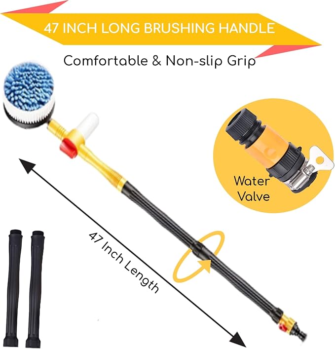 Rotating Car Wash Brush with Soap Dispenser & Hose Attachment Soft Bristle Car Spin Mop Washing Scrub Brush with Long Handle Water Flow Through High Pressure Car Cleaning Brush Kit Car Wash Hose