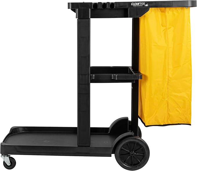 Restaurantware-Clean Tek Professional Janitor Cart with Wheels, 1 Cleaning Trolley with 18 Gallon Bag - 3 Shelves, Heavy-Duty, Black Plastic Commercial Janitorial Cart, for Restaurants