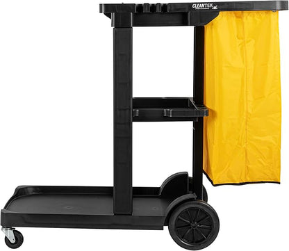 Restaurantware-Clean Tek Professional Janitor Cart with Wheels, 1 Cleaning Trolley with 18 Gallon Bag - 3 Shelves, Heavy-Duty, Black Plastic Commercial Janitorial Cart, for Restaurants