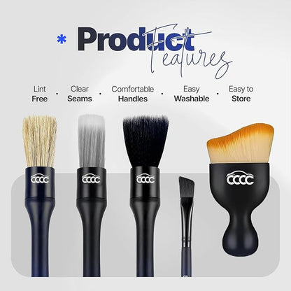 5 Pcs Car Detailing Brush Set – 2 Pcs Ultra-Soft for Delicate Leather, Screens & Trim, 2 Pcs Nylon for Wheels, Tires & Tough Dirt, 1 Pc Boar Hair for All-Purpose Interior & Exterior Detailing