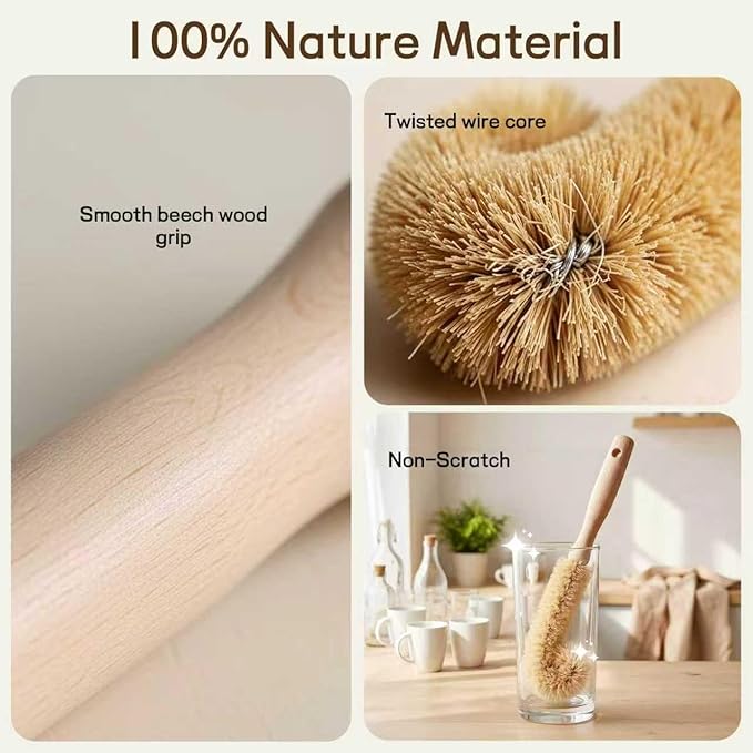 Wooden Bottle Brush - L-Shape Long Handle Cup Scrubber for Water Bottles, Decanters & Glassware - Beech Wood Kitchen Cleaning Tool (Multipack) (4)