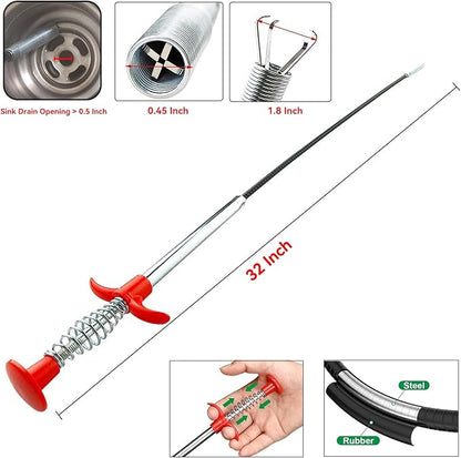32 Inch Drain Snake Hair Remover Tool, Flexible 4-Claw Grabber for Sink, Tub & Shower Clogs
