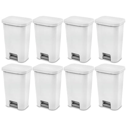 Sterilite 11.9 Gallon Rectangular Step On Kitchen Plastic Indoor Wastebasket with Wide Opening Lid and Comfort Handle for Home, White (8 Pack)