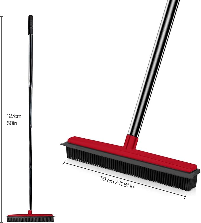 Rubber Broom Pet Hair Remover for Carpet with Squeegee - 50" (130cm) Sturdy 4-Piece Sectional Handle, 3-Level Adjustable Height Silicone Broom for Rugs, Tile, Hardwood Floors & Windows