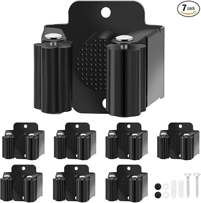 Broom Holder Wall Mount, 7PCS Broom Hanger Wall Mount, Stainless Steel Heavy Duty Mop Holder Broom Mop Hanger Wall with Screws, Garden Outdoor Tool Organizer Rack Broom Hanger (Black)