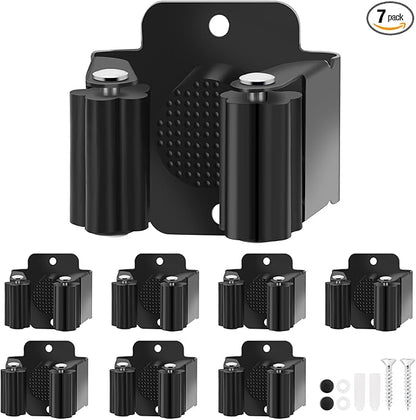 Broom Holder Wall Mount, 7PCS Broom Hanger Wall Mount, Stainless Steel Heavy Duty Mop Holder Broom Mop Hanger Wall with Screws, Garden Outdoor Tool Organizer Rack Broom Hanger (Black)