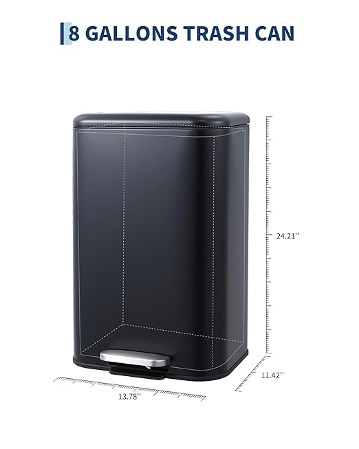 OUTLANE Bathroom Trash Can with Lid Soft Close, Step Pedal, 30 Liter / 8 Gallon Kitchen Trash Can,Stainless Steel Trash Bin for Bedroom, Office, Kitchen, Black