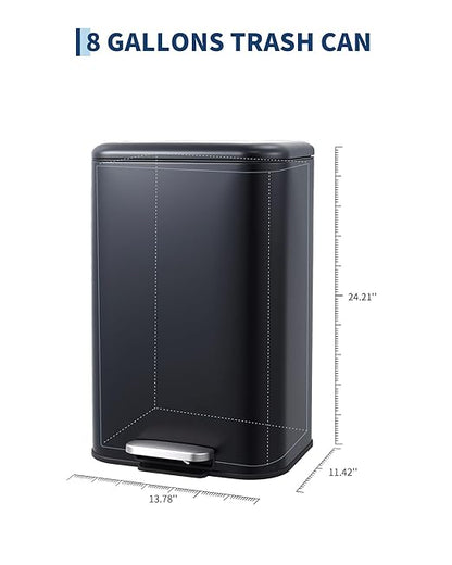 OUTLANE Bathroom Trash Can with Lid Soft Close, Step Pedal, 30 Liter / 8 Gallon Kitchen Trash Can,Stainless Steel Trash Bin for Bedroom, Office, Kitchen, Black