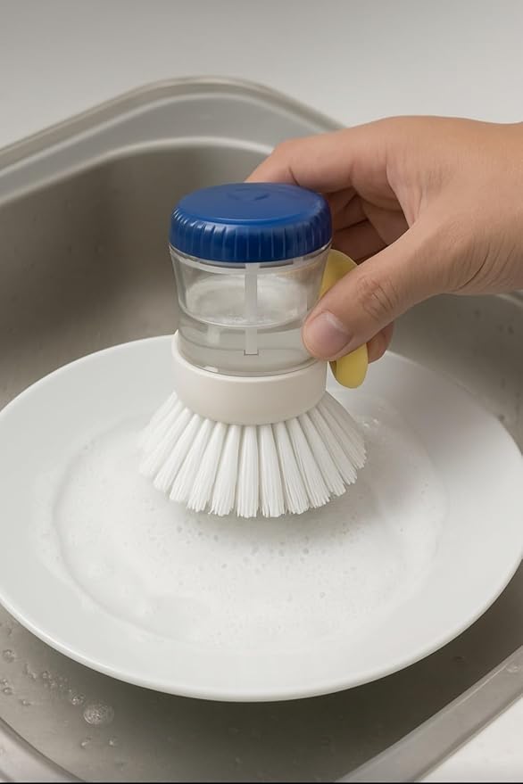 Kitchen Soap Dispenser Brush with Soap Storage Container, Blue Cap, Clear Plastic, White Bristles, Dish Washing Scrubber