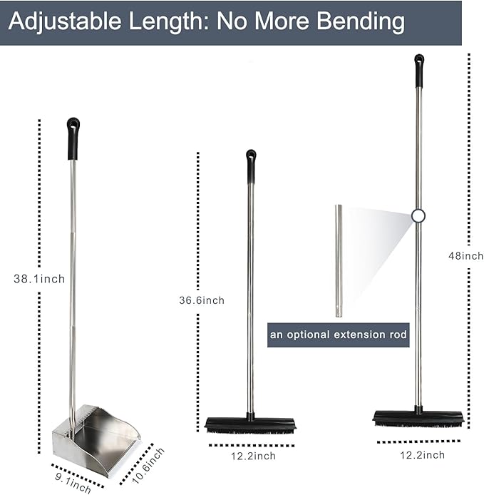 Rubber Broom and Dustpan Set,Pet Hair Removal Rubber Broom with Squeegee and Stainless Steel Dust Pan,Carpet Rake Push Broom and Dustpan for Fluff Hardwood Floor Tile (Black)