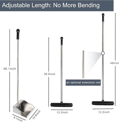 Rubber Broom and Dustpan Set,Pet Hair Removal Rubber Broom with Squeegee and Stainless Steel Dust Pan,Carpet Rake Push Broom and Dustpan for Fluff Hardwood Floor Tile (Black)