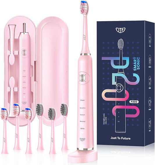 JTF Sonic Electric Toothbrush for Adults: 5 Modes with Smart Timer for Deep Cleaning & Whitening, 2 Brush Head Types for Sensitive Teeth, Gums & Braces, Travel-Friendly Case and Wireless Charging Base