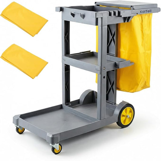 Janitorial Cleaning Carts on Wheels with 3 Shelves, Cleaning Cart for Housekeeping on Wheels, Utility Rolling Carts with 2 Vinyl Bags for Commercial&Industrial Services