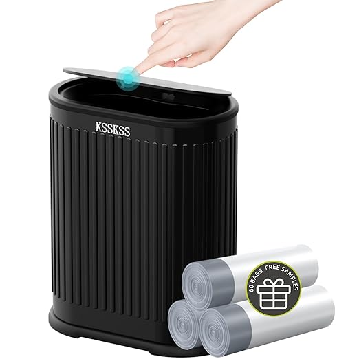 KSSKSS 1.8 Gallons Small Stainless Steel Trash Can with Press Type Lid, Slim Bathroom Garbage Bin, Removable Liner Bucket, Dog Proof Narrow Wastebasket with Pop-Up Lid for Bedroom,Toilet (Matt Black)