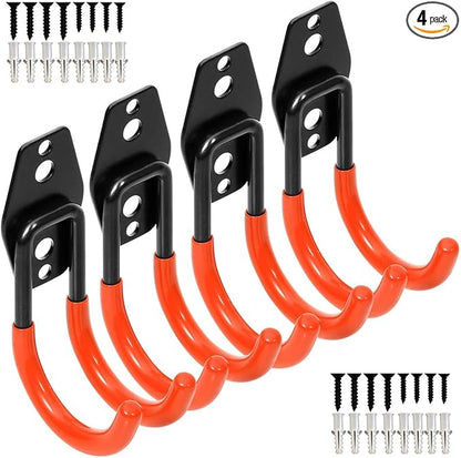 Wall Mount Double Hook,Heavy Duty Steel Garage Storage Utility Hooks with Anti-Slip Coating,Load Capacity 66 LB (4Pack Orange 2.8" Round J Hook)