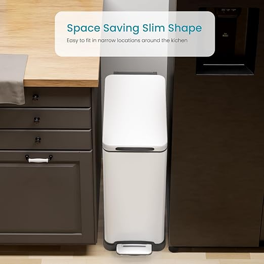 Home Zone Living 12 Gallon Slim Kitchen Trash Can with Slow Close Lid and Step Pedal, Stainless Steel, Matte White, 45 Liters