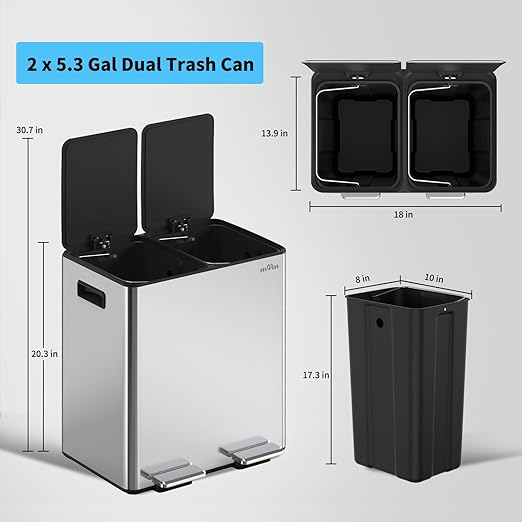 mVm Dual Trash Can, 10.6(2x5.3) Gal Kitchen Trash Can with Thick Lids, 2 Compartment Stainless Steel Recycle Bin for Home Kitchen Office (Silver)