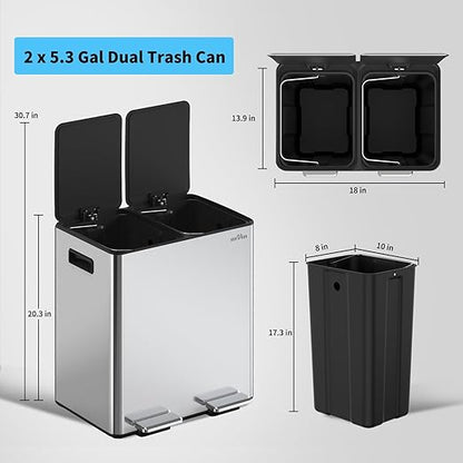 mVm Dual Trash Can, 10.6(2x5.3) Gal Kitchen Trash Can with Thick Lids, 2 Compartment Stainless Steel Recycle Bin for Home Kitchen Office (Silver)
