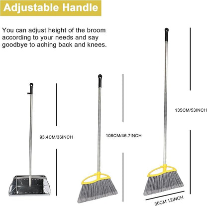 Stainless Steel Dustpan with Outdoor Stiff Bristles Broom,Long Handle Metal Dust Pan and Heavy Duty Broom for Home,Lobby,Office