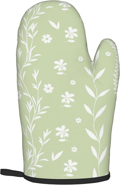 Sage Green Oven Mitt Pot Holder Set Floral BBQ Cooking Gloves Farmhouse Botanical Baking Grilling Kitchen Gifts for Spring Summer