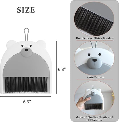 Small Broom and Dustpan Set Mini Hand Broom and Brush Set Handheld Broom and Dust Pan Set - Cute Bear Design, Compact Cleaning Tool for Desktop Countertop Table Windowsill Home Kitchen
