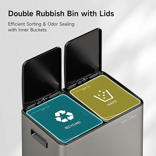 mVm Kitchen Trash Can, 10.6(2x5.3) Gal Dual Trash Can with ABS Lids, 2 Compartment Stainless Steel Recycle Bin for Home Kitchen Office (Gray)