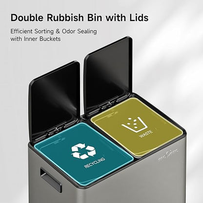 mVm Kitchen Trash Can, 10.6(2x5.3) Gal Dual Trash Can with ABS Lids, 2 Compartment Stainless Steel Recycle Bin for Home Kitchen Office (Gray)