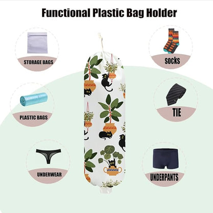 Cat Plastic Bag Holder 22.5x9 Inch, Greenery Wall Mount Plastic Bag Holders for Grocery Bags, Reusable Grocery Bags Storage Dispenser for Home Kitchen Pantry Decor, Plant Gifts for Women Cat Lovers