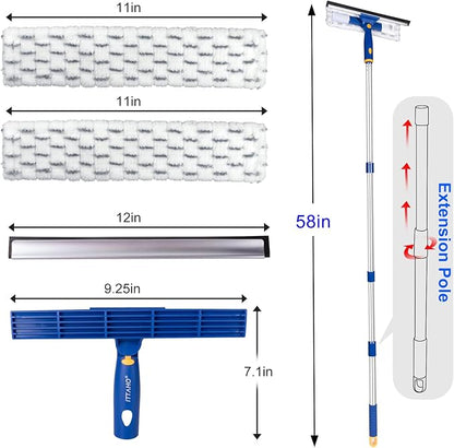 Squeegee for Window Cleaning with Extendable Pole, 53" 2-in-1 Window Cleaning Tool Kit, Shower Squeegee with Long Handle, Indoor/Outdoor High Window Cleaning-Two Pads