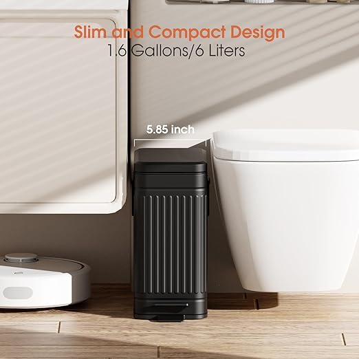 Small Trash Can with Lid Soft Close-6L/1.6 Gal Stainless Steel Outdoor Dog Poop Garbage Can-Metal Waste Bins with Pedal for Bathroom Bedroom Office-Black
