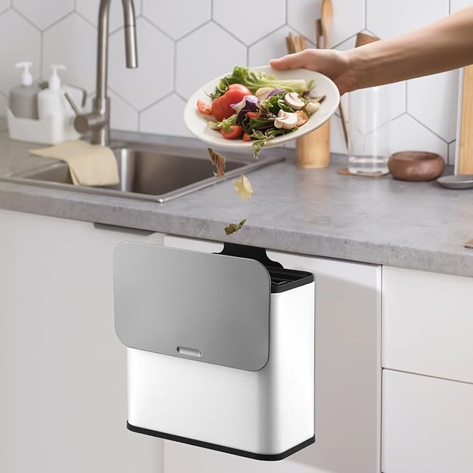 GarveeHome 1.3 gal/5L Countertop Compost Bin with Lid, Hanging Small Trash Can with Odor Control Charcoal Filter ＆ Bucket Under Sink for Kitchen, Hanging/Wall Mounted/Standing Food Waste Bin, White