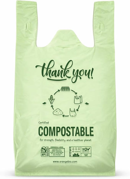 (Large) OrangeBio Certified Home Compostable Shopping Bags, 500ct, 12"x 6" x 20" (Extra Thick), Hold 20 lbs, Thank You/Grocery/Take Out/T Shirt/To-Go Bags for Retail, Grocery Store