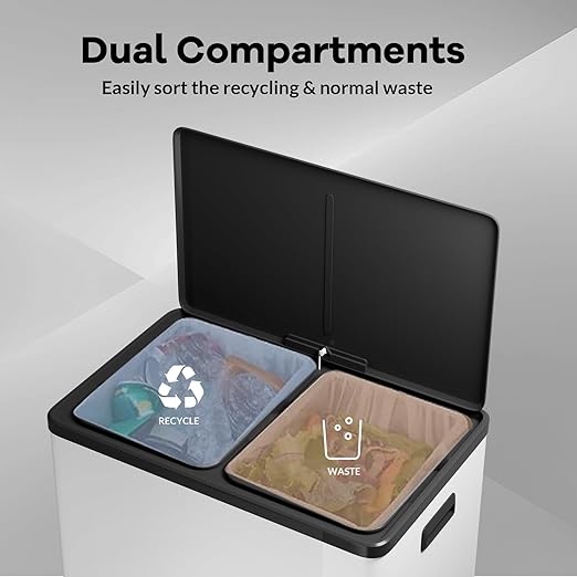 Large Stainless Steel Dual Compartment Recycling Trash Can 60 l/16 Gal Recycle Bins with Lid Waste Bin with Removable Buckets, Bathroom,Kitchen Garbage Can,White