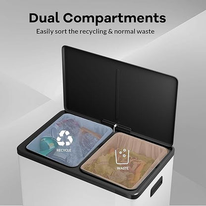 Large Stainless Steel Dual Compartment Recycling Trash Can 60 l/16 Gal Recycle Bins with Lid Waste Bin with Removable Buckets, Bathroom,Kitchen Garbage Can,White