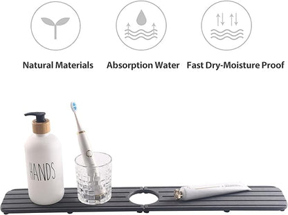 NiuYichee 23.6inch x 4inch Kitchen Sink Faucet Mat, Water Absorbing Stone Faucet Splash Guard for Bathroom Counter, Quick Drying Diatomite Tray for Kitchen Sink, Dark Gray