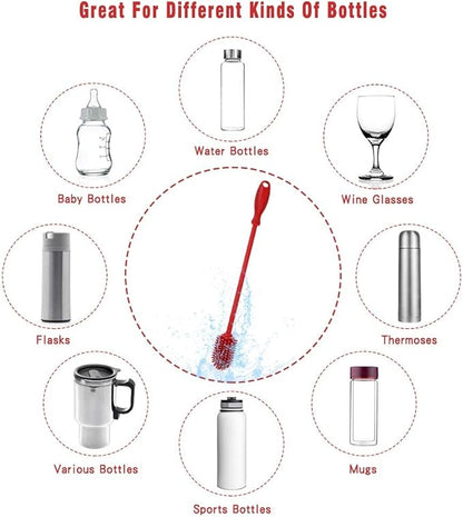 Silicone Bottle Cleaning Brush with Long Handle, BPA Free 12.5" Water Bottle Cleaner for Baby Bottles, Hydro Flask, Sports Bottle, Vase, Glassware, Perfect for Smaller Diameter Bottle Openings (Red)