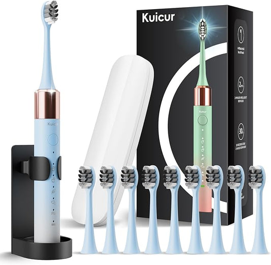 Kuicur Sonic Electric Toothbrush for Adults and Kids, Comes with 10 Brush Heads & Travel Case, 5 Modes with 2 Minutes Built in Smart Timer, One Charge for 90 Days, 42,000 VPM Motor (Blue and White)