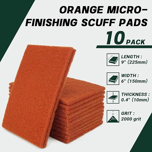 6" x 9" Orange Micro-Finishing Scuff Pads, 10 Pack – Non-Woven Hand Pads for Paint Correction, Surface Leveling, Scouring & Pre-Polish Prep – Reusable Aluminum Oxide Abrasive Pads