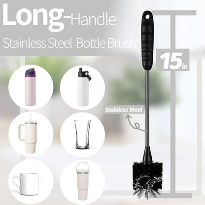 Bottle Brush Set 4 Pack - 15 Inch Long Handle Bottle Brush Cleaner with Stainless Steel Shaft, Straw Cleaner Brush and Lid Brush for Bottles, Thermos, Glasswares, Mugs, Cups, Tumblers