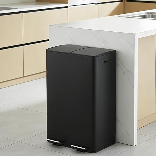 Garvee Dual Compartment Trash Can, 2 x 8 Gal (2 x 30L) Stainless Steel Recycling Bin with Foldable Foot Pedal & Soft-Close Lid, Kitchen Garbage & Recycle Combo - Black
