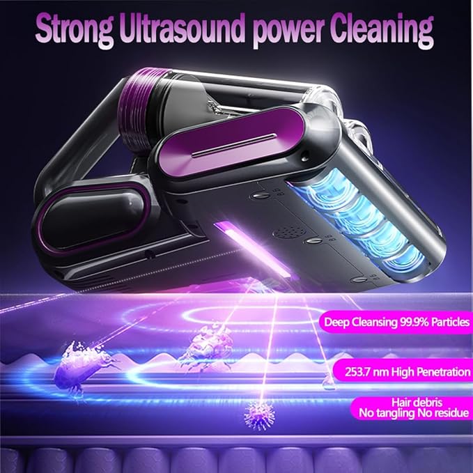 Cordless Double-Cup Mattress Cleaner, 18Kpa Suction 253.7nm UV-C Light & 80000Rpm Rotation Ultrasonic Tech, Portable Handheld Vacuum for Bed/Fabric Sofa/Carpet Cleaning(Purple)