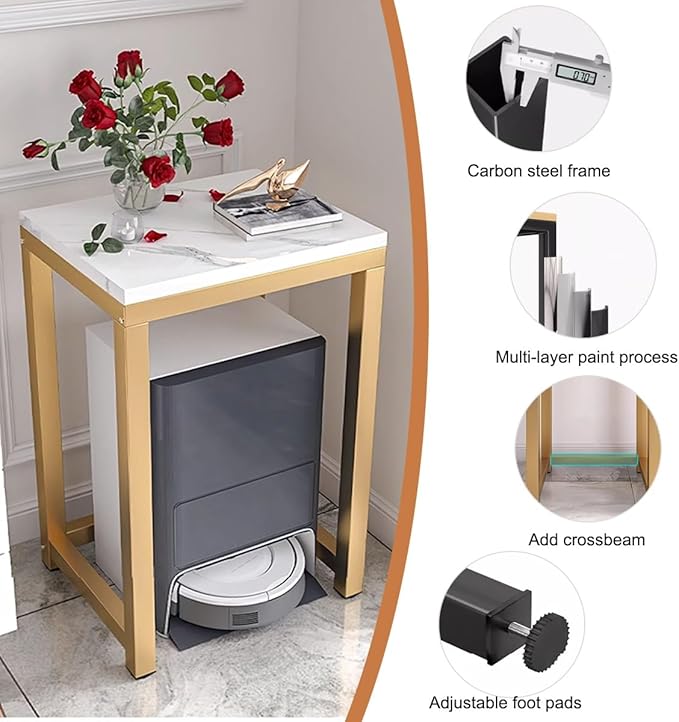 Storage Rack Above The Sweeping Robot,Robot Vacuum Stand Cabinet,Entryway Hallway Double-Tier Robot Vacuum Cleaner Shelf,Steel Frame with Wooden Top,Small End Tables for Bathroom(White/Gold,40x30/15.7