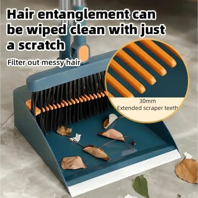 2-in-1 Broom with Dustpan Combo Set,Long Handle Broom Dustpan Combo with Dustpan Teeth to Automatically Clean Hair for Home, Indoor or Outdoor Cleaning Hall Floor (Blue)