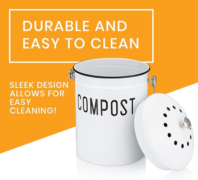 JRW Design White Kitchen Compost Bin Plus 2 Non-Smell Filters, 1.3 Gallon Farmhouse Bin for Countertop, Durable Bin Kitchen with Handle, Easy to Clean, Rust Proof Composting Bin, Compost Bucket