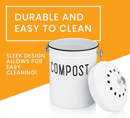 JRW Design White Kitchen Compost Bin Plus 2 Non-Smell Filters, 1.3 Gallon Farmhouse Bin for Countertop, Durable Bin Kitchen with Handle, Easy to Clean, Rust Proof Composting Bin, Compost Bucket