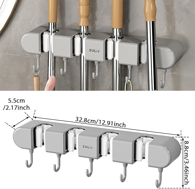 3PCS Broom Holder Wall Mount, No-Drilling Self-Adhesive Mop and Broom Storage Rack (4 Racks with 5 Hooks),Wall-Mounted Broom Hanger for Bathroom, Kitchen, Closet, Garage (Gray)