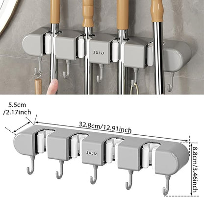 3PCS Broom Holder Wall Mount, No-Drilling Self-Adhesive Mop and Broom Storage Rack (4 Racks with 5 Hooks),Wall-Mounted Broom Hanger for Bathroom, Kitchen, Closet, Garage (Gray)