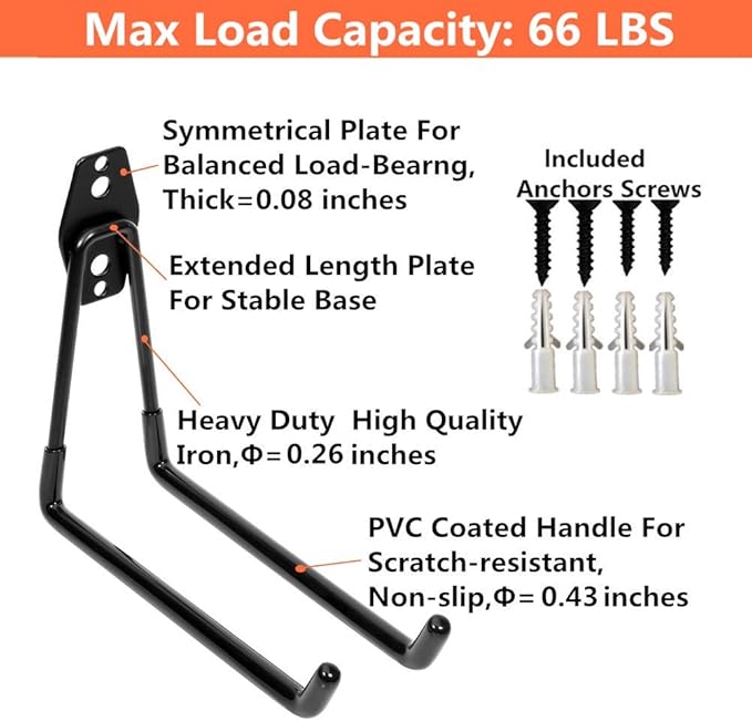 Heavy Duty Garage Storage Utility Double Hooks,Extended Wall Mount Tool Holder Organizer for Ladders,Bike,Chair (4 Pack Black 7.5" Large U Hook)